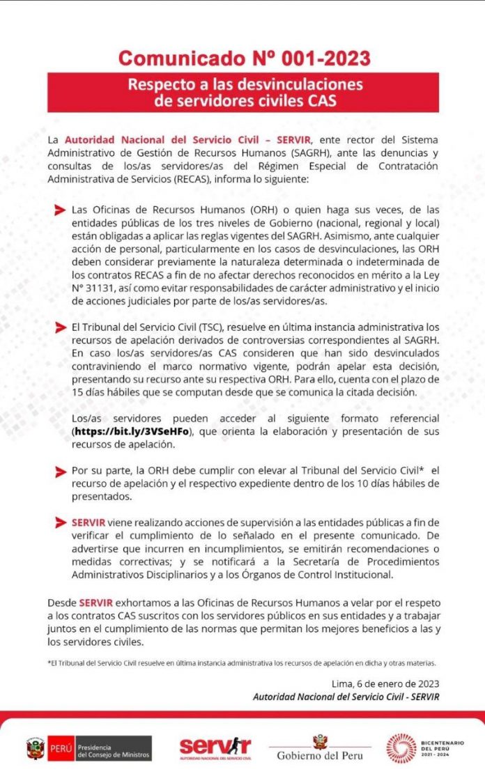 Servir Comunicado sobre desvinculación de servidores civiles CAS LP