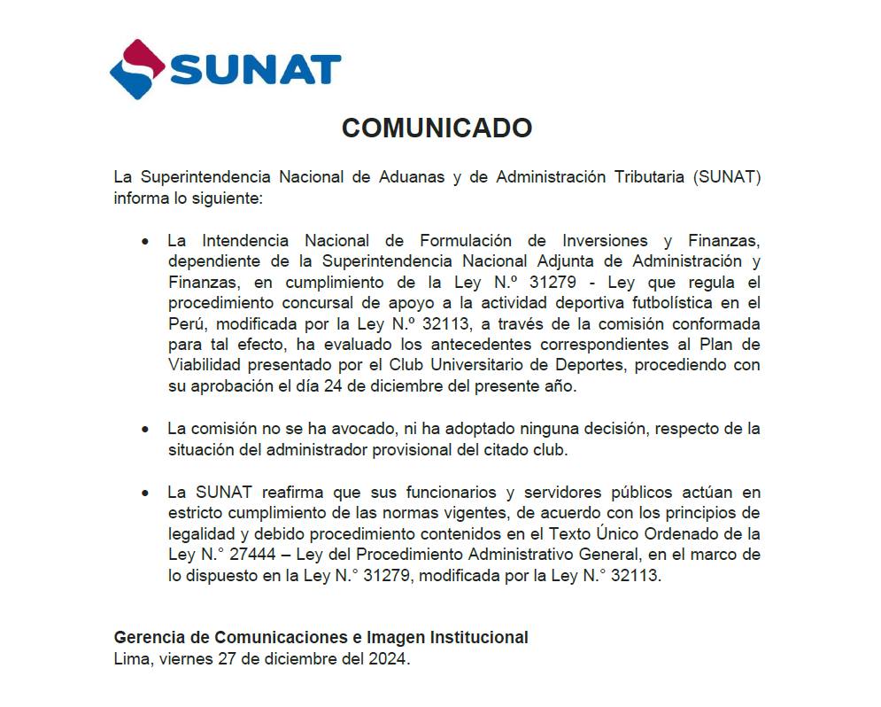 Sunat Comisión no ha adoptado ninguna decisión sobre administrador de