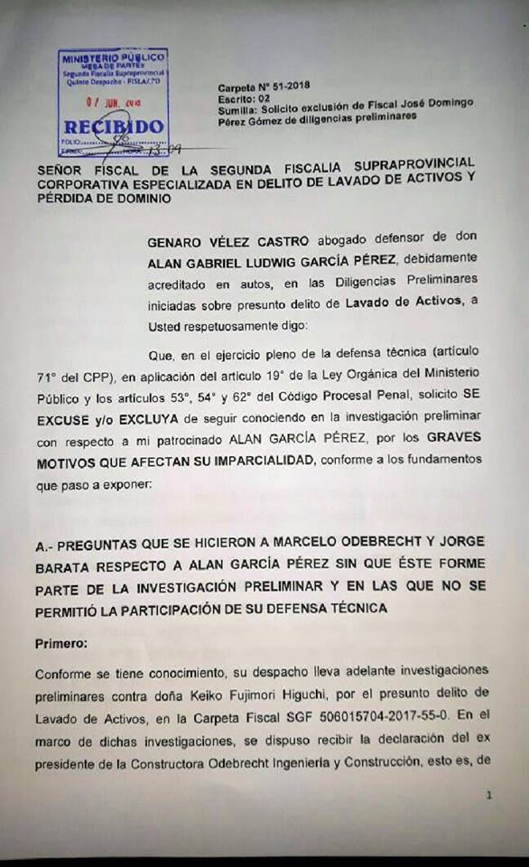 Alan García solicita exclusión del fiscal José Domingo Pérez, quien lo  investiga por lavado de activos | LP