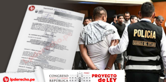 Policía con detenido con la foto de un proyecto ley y logo de LP