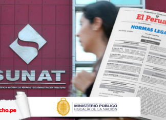 Fachada de la Sunat con logo de norma legal , Ministerio Público y LP