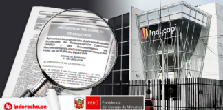 Fachada de indecopi con el Decreto Supremo 197-2020-PCM y logo de la PCM y LP