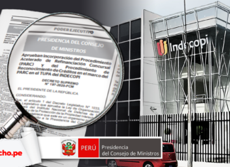 Fachada de indecopi con el Decreto Supremo 197-2020-PCM y logo de la PCM y LP