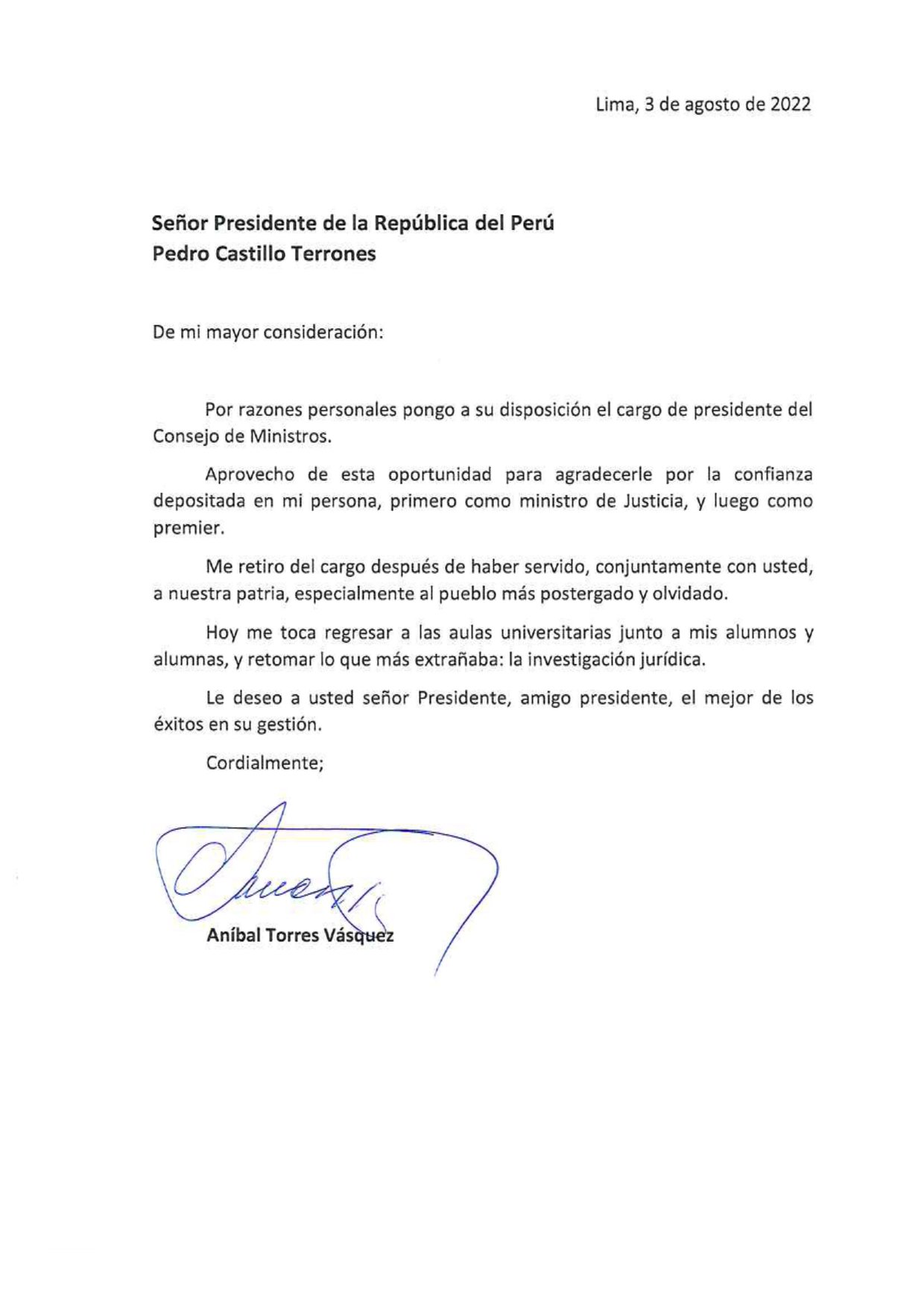 ÚLTIMO | Aníbal Torres presentó su carta de renuncia al cargo de jefe de  Gabinete | LP