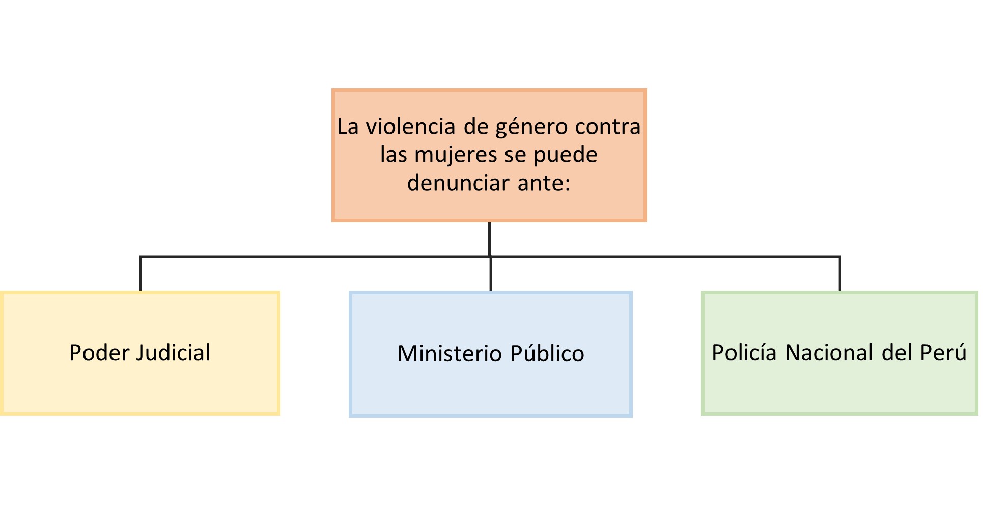 Flujograma sobre las autoridades del Estado ante quienes se puede denunciar un caso de violencia contra las mujeres por razón de género: Poder Judicial, Ministerio Público y Policía Nacional del Perú.