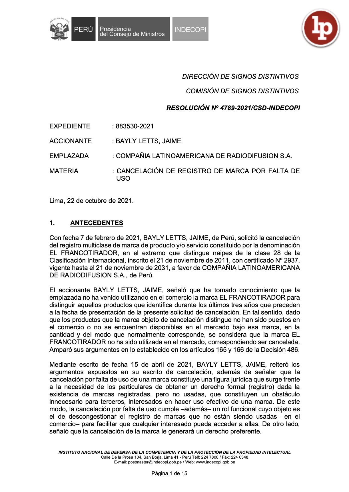 Resolucion 4789-2021/CSD-Indecopi - LPDerecho