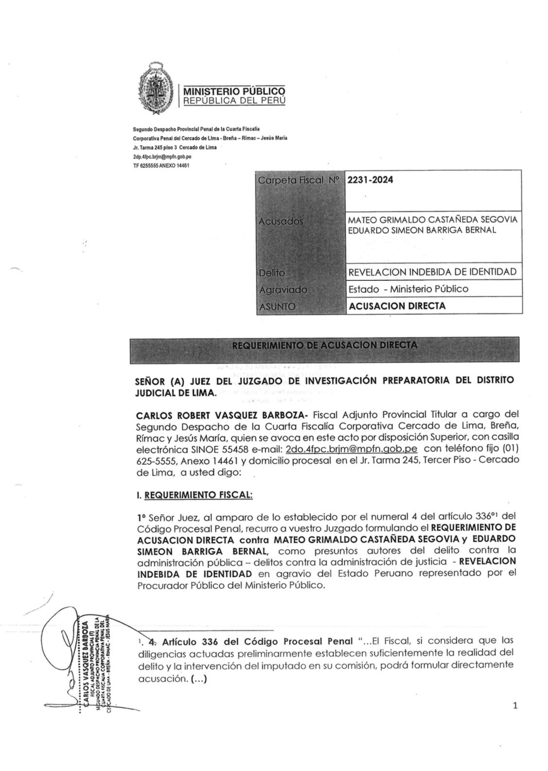 Documento de la Fiscalía donde solicita el requerimiento contra los abogados