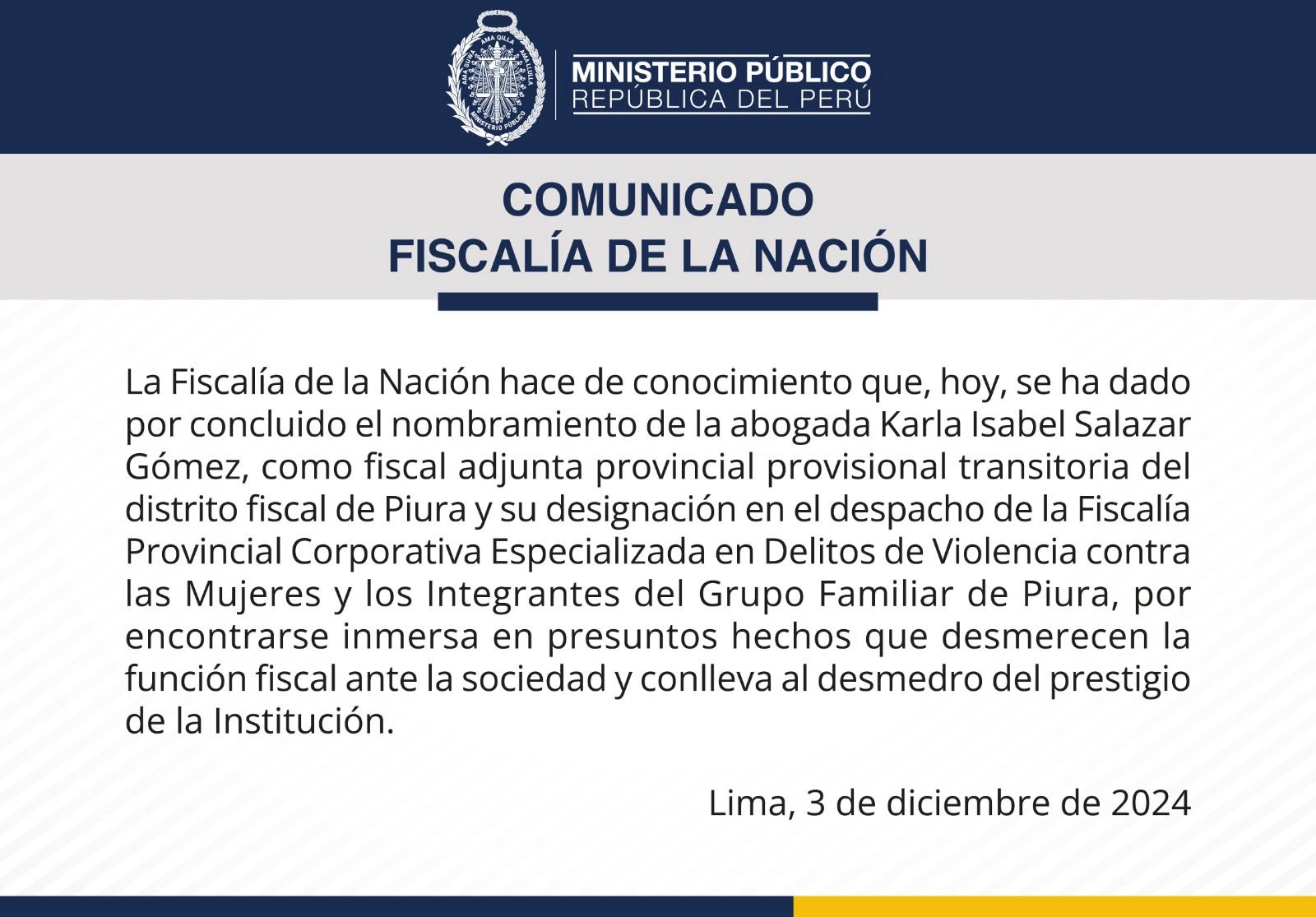 Comunicado del Ministerio Público en su red social X 